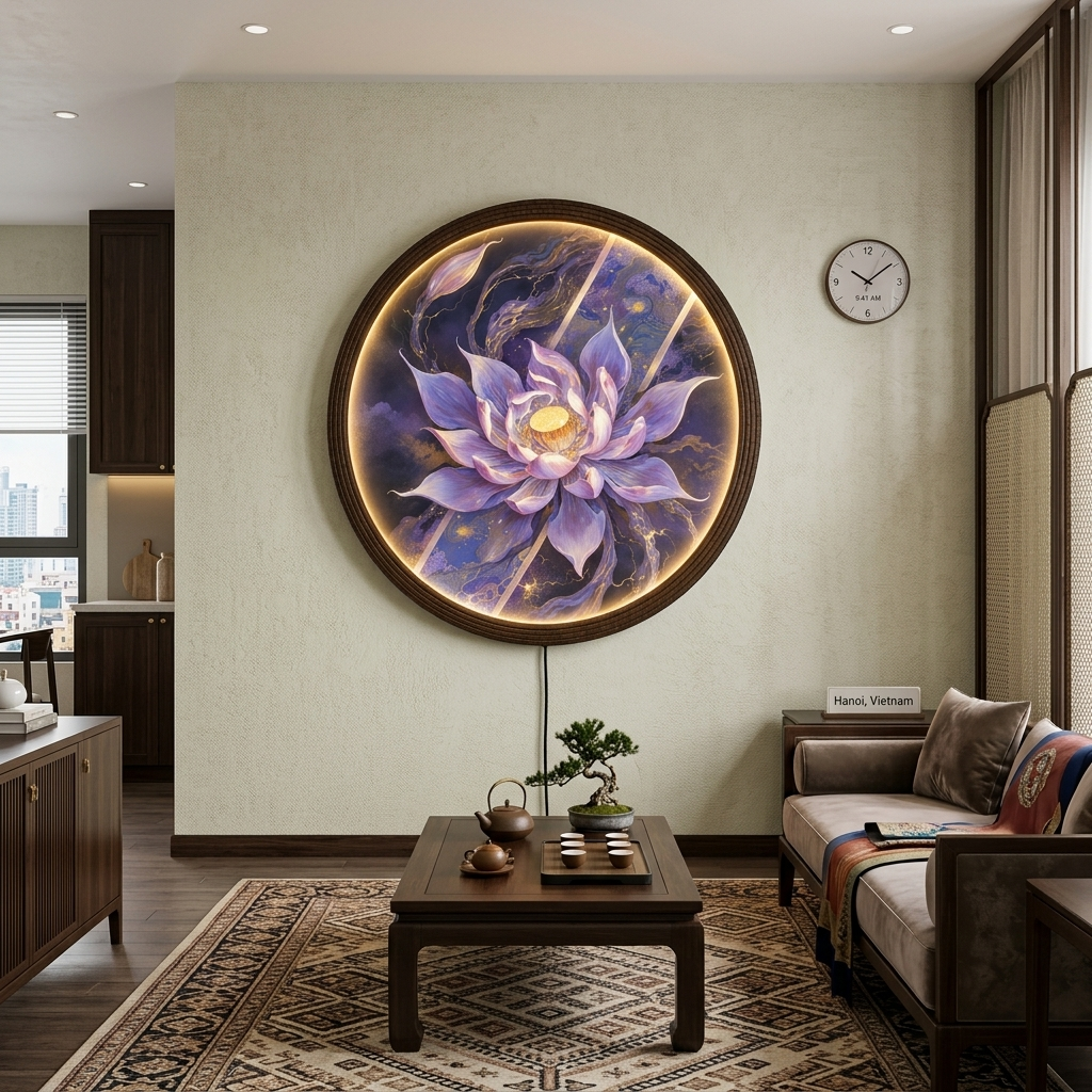 Purple Lotus LED Wall Art - Illuminated Round Floral Light Painting for Living Room & Sacred Space