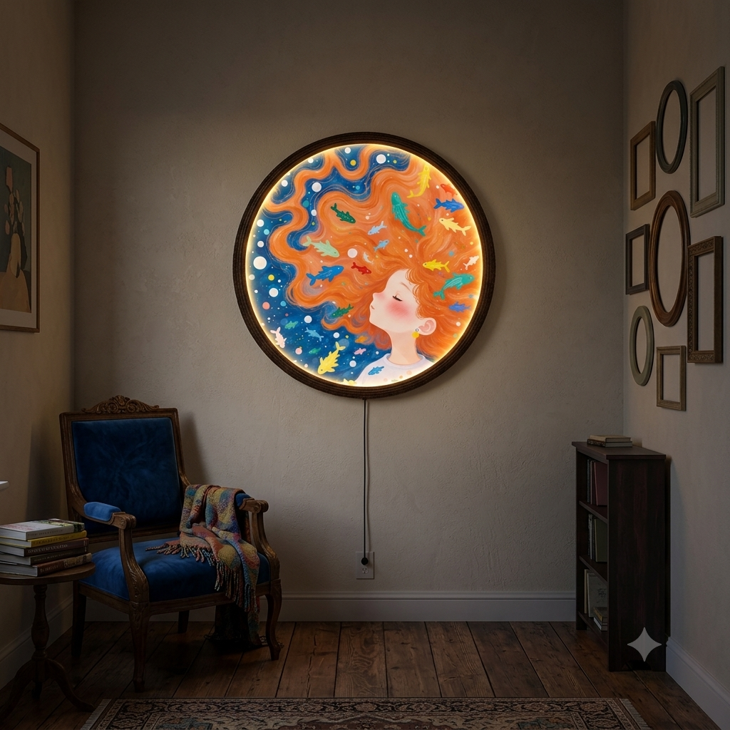 Mermaid Girl LED Wall Art – Round Illuminated Wall Decor