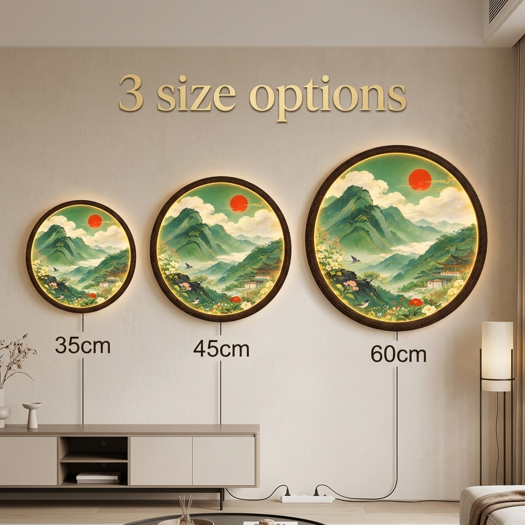 Round LED Mountain Landscape Wall Lamp, Illuminated Asian Scenery Wall Decor