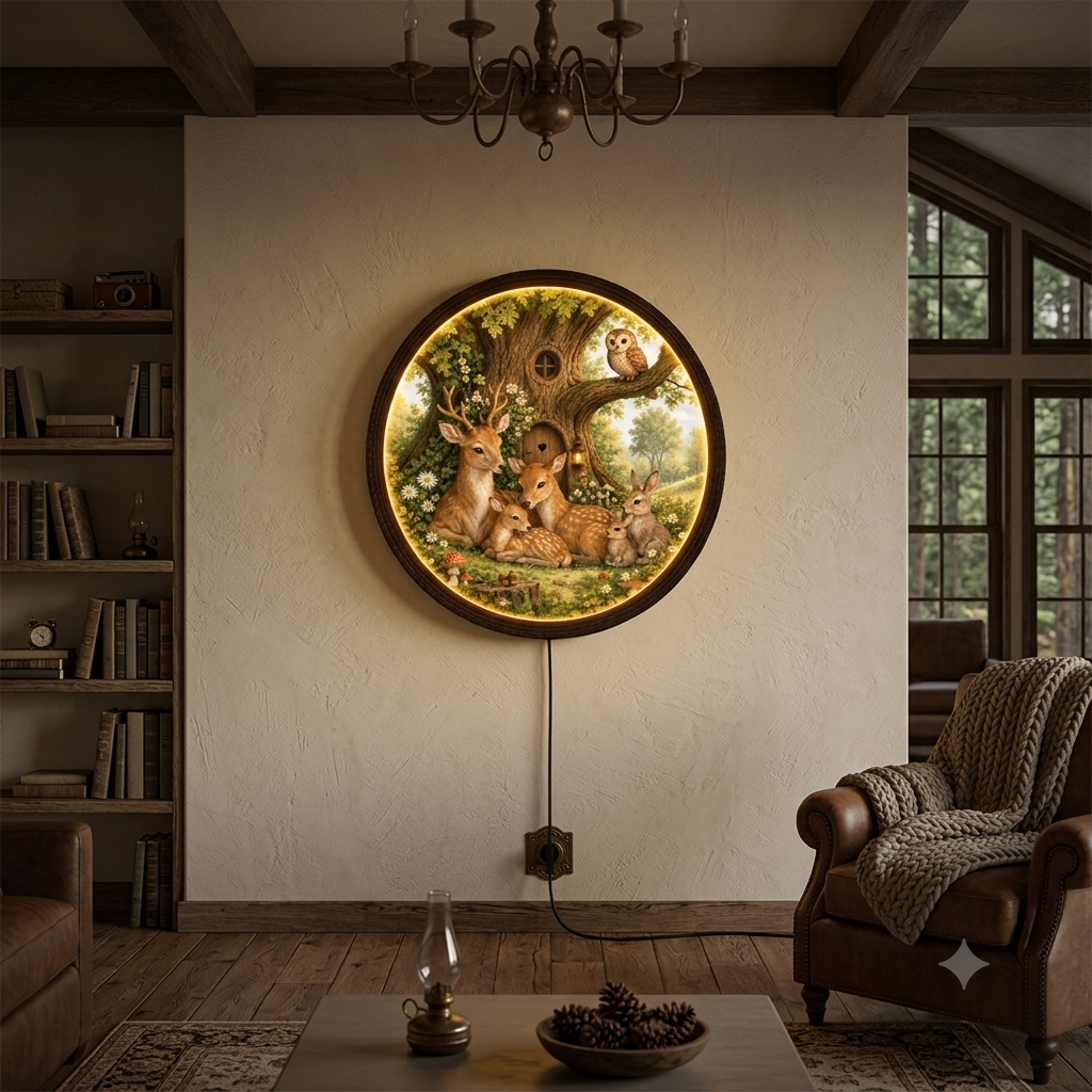 Enchanted Woodland Deer Family LED Wall Art – Round Illuminated Nature Decor