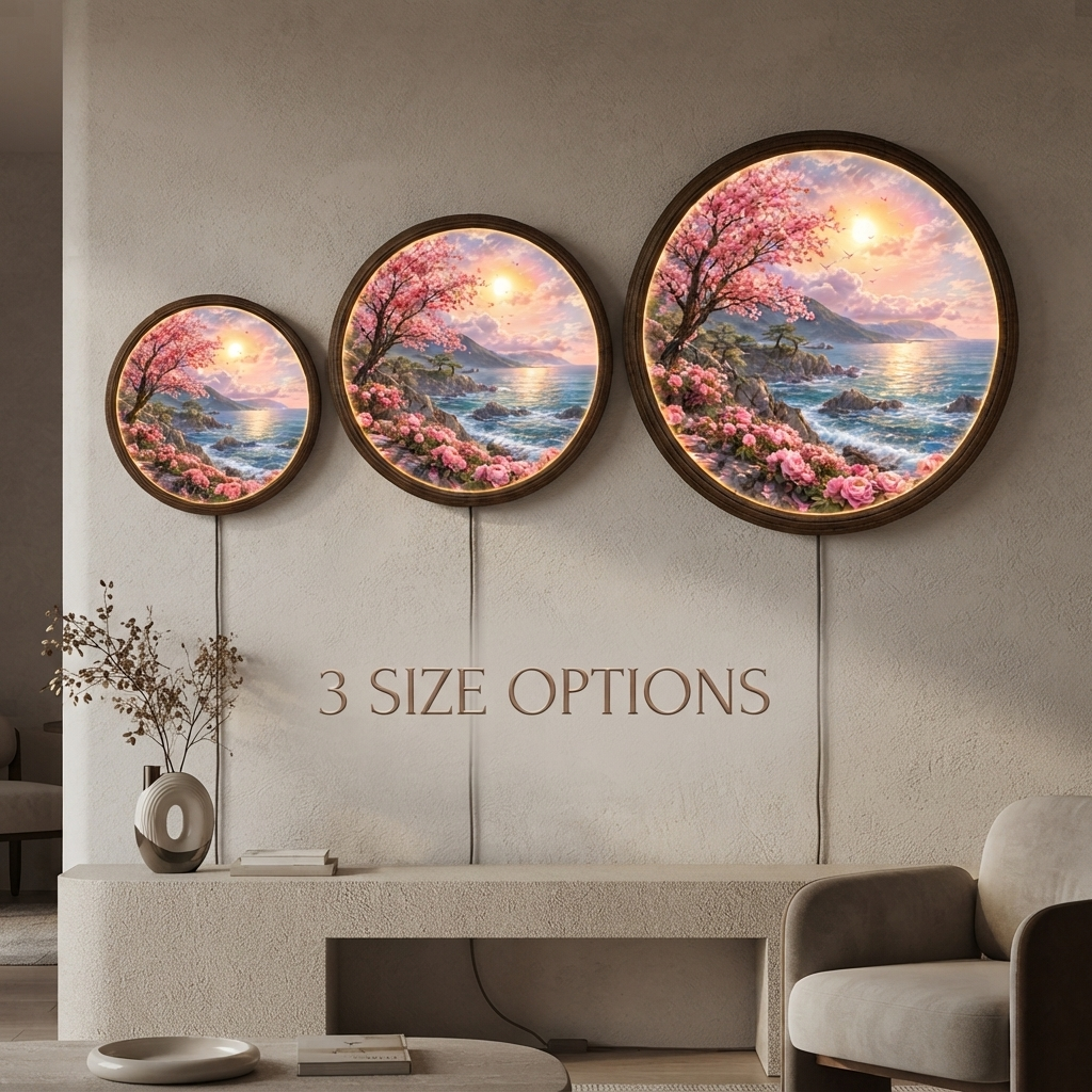 Japanese Cherry Blossom LED Wall Art – Round Illuminated Coastal Landscape Decor