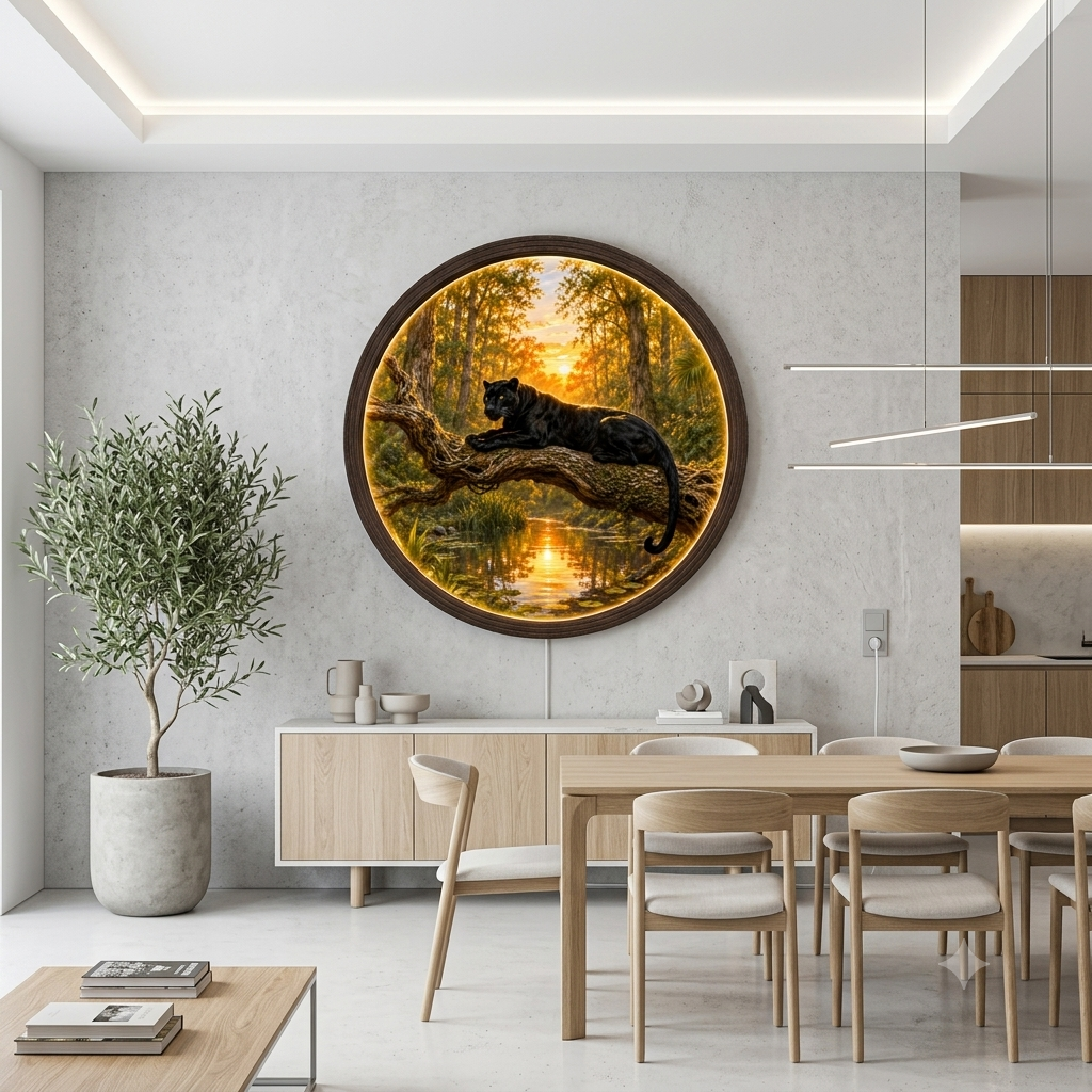 Illuminated Round Black Panther Wall Art - Sunset River Scene, Dimmable LED, Premium Wood Frame