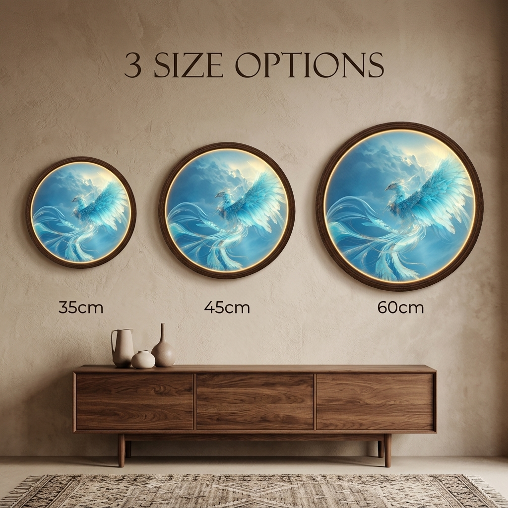Blue Phoenix LED Wall Light, Round Wooden Frame Wall Lamp, Modern Fantasy Home Decor
