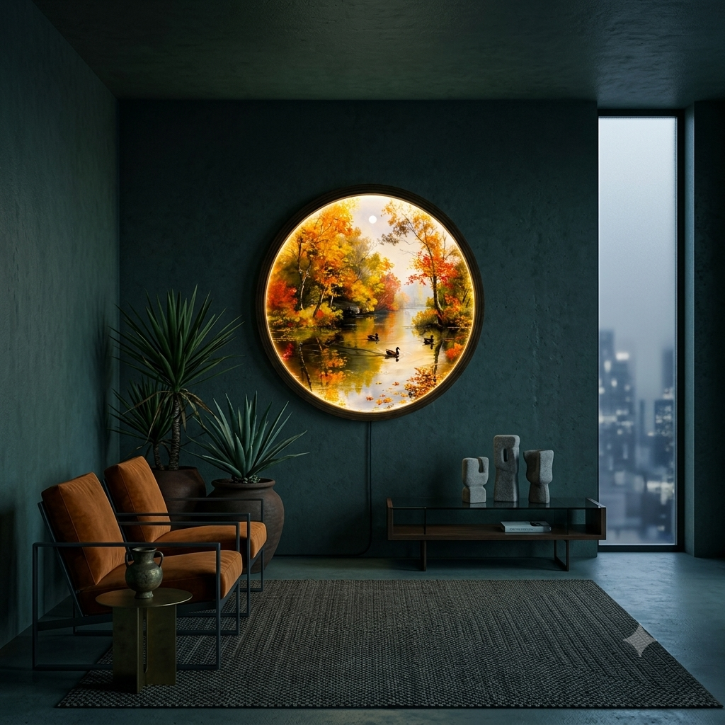 Illuminated Autumn Lake Round Canvas Wall Art with LED Backlight