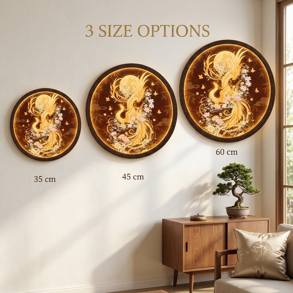 Golden Phoenix Round LED Wall Art, Illuminated Wooden Frame Light for Luxury Home Decor