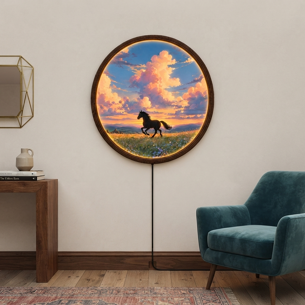 Backlit Horse Sunset Wall Art – Illuminated Round LED Wall Decor