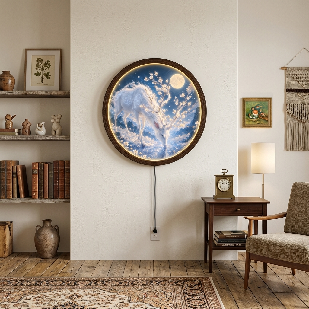 White Deer Moonlight LED Round Wall Lamp, Cherry Blossom & Moon Fantasy Wall Art, Wooden Frame Decorative Light for Bedroom and Living Room