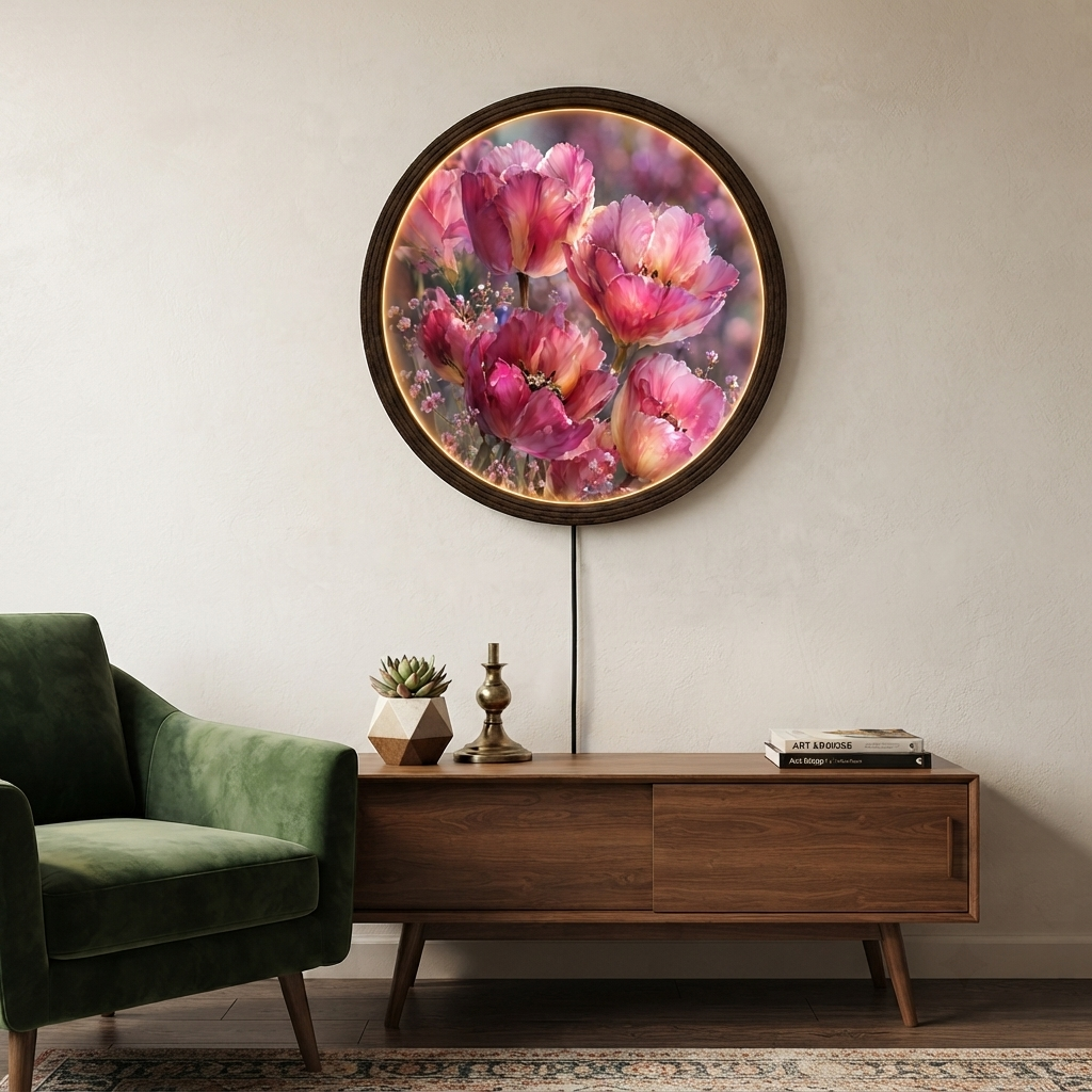 Round LED Floral Wall Art, Pink Tulip Illuminated Wall Decor