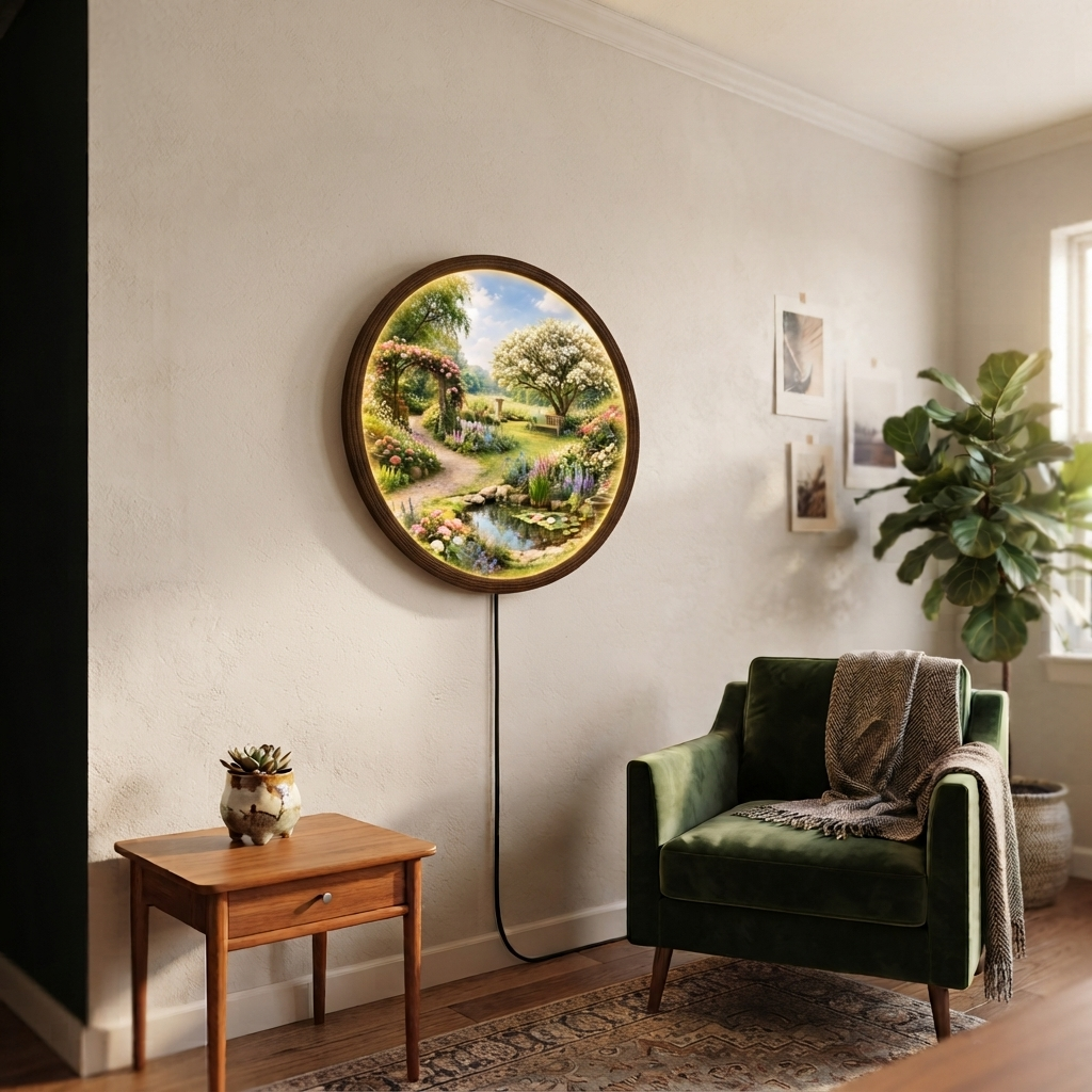 Round Garden LED Wall Art Light – Illuminated Floral Landscape Home Decor