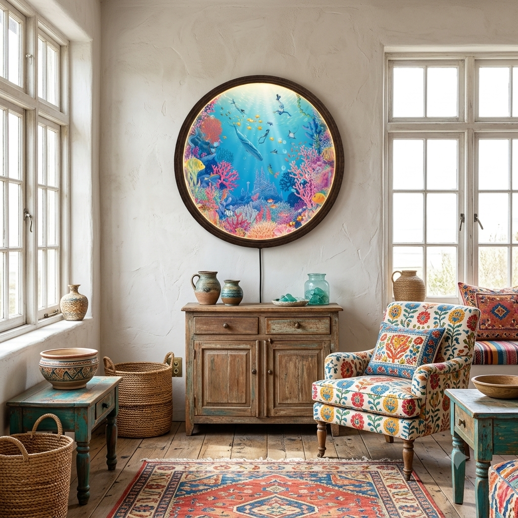 Round Underwater Coral Reef LED Wall Art – Illuminated Ocean Wall Decor