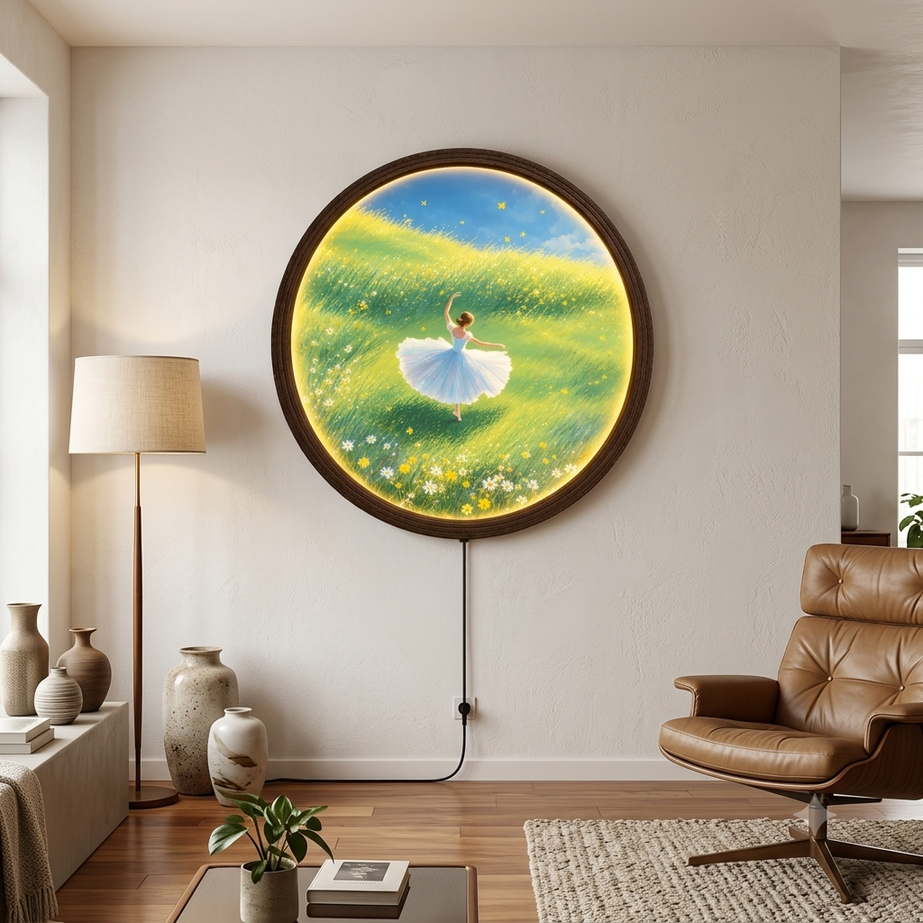 Whimsical Ballerina Meadow LED Wall Art – Round Illuminated Wall Decor