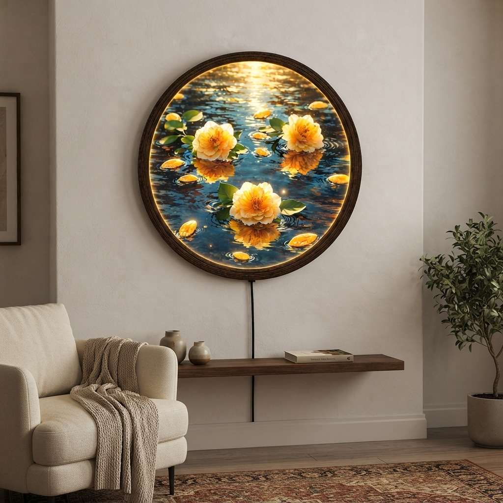 Luminous Lotus Water LED Wall Art Lamp – Round Wooden Frame Home Decor