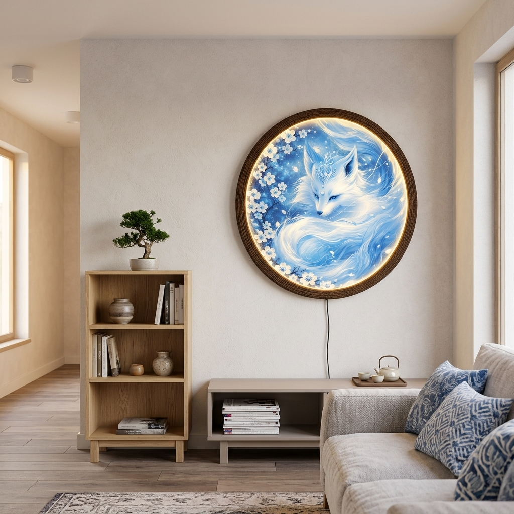 Glowing Blue Fox LED Wall Lamp, Round Japanese Fantasy Wall Art, Illuminated Home Decor with Wooden Frame