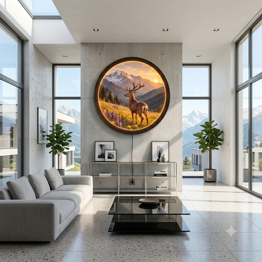 Rustic Deer Mountain LED Wall Art – Round Illuminated Wildlife Wall Decor