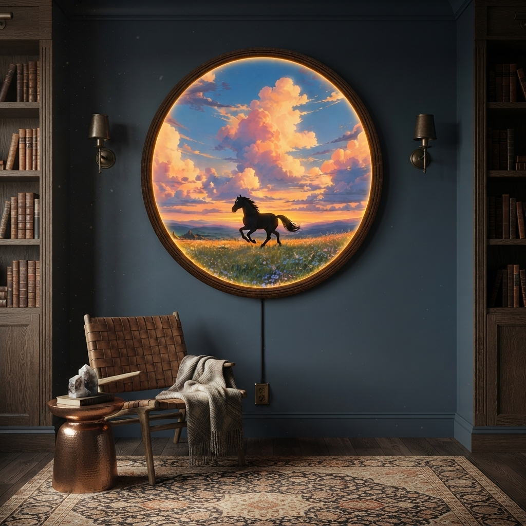 Backlit Horse Sunset Wall Art – Illuminated Round LED Wall Decor
