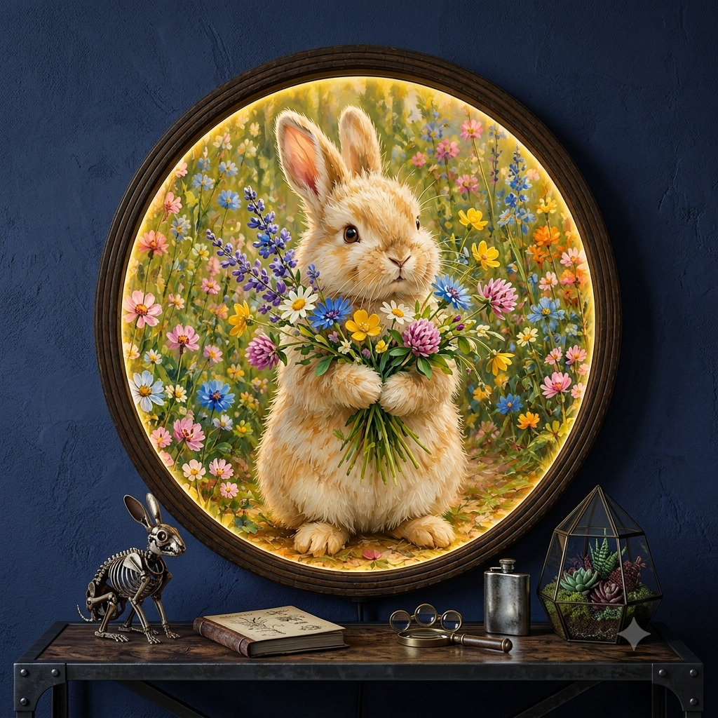 Cute Bunny with Wildflowers Round LED Wall Art | Illuminated Floral Rabbit Wall Decor