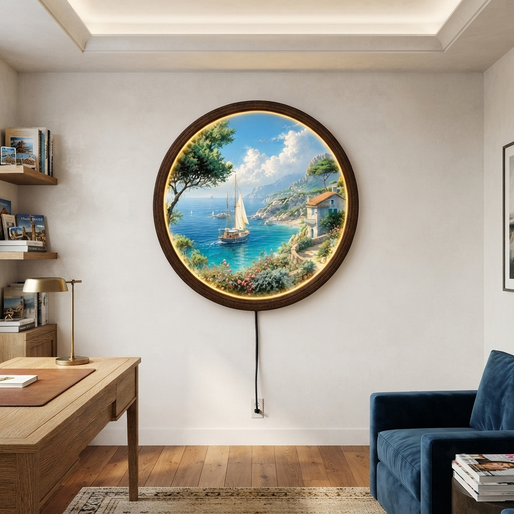 Coastal Seaside Sailboat LED Wall Art – Round Illuminated Wooden Wall Decor