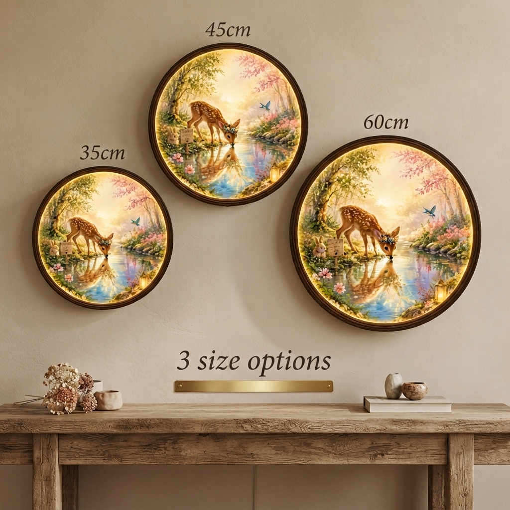 Deer by the Stream LED Wall Art – Round Illuminated Nature Wall Decor