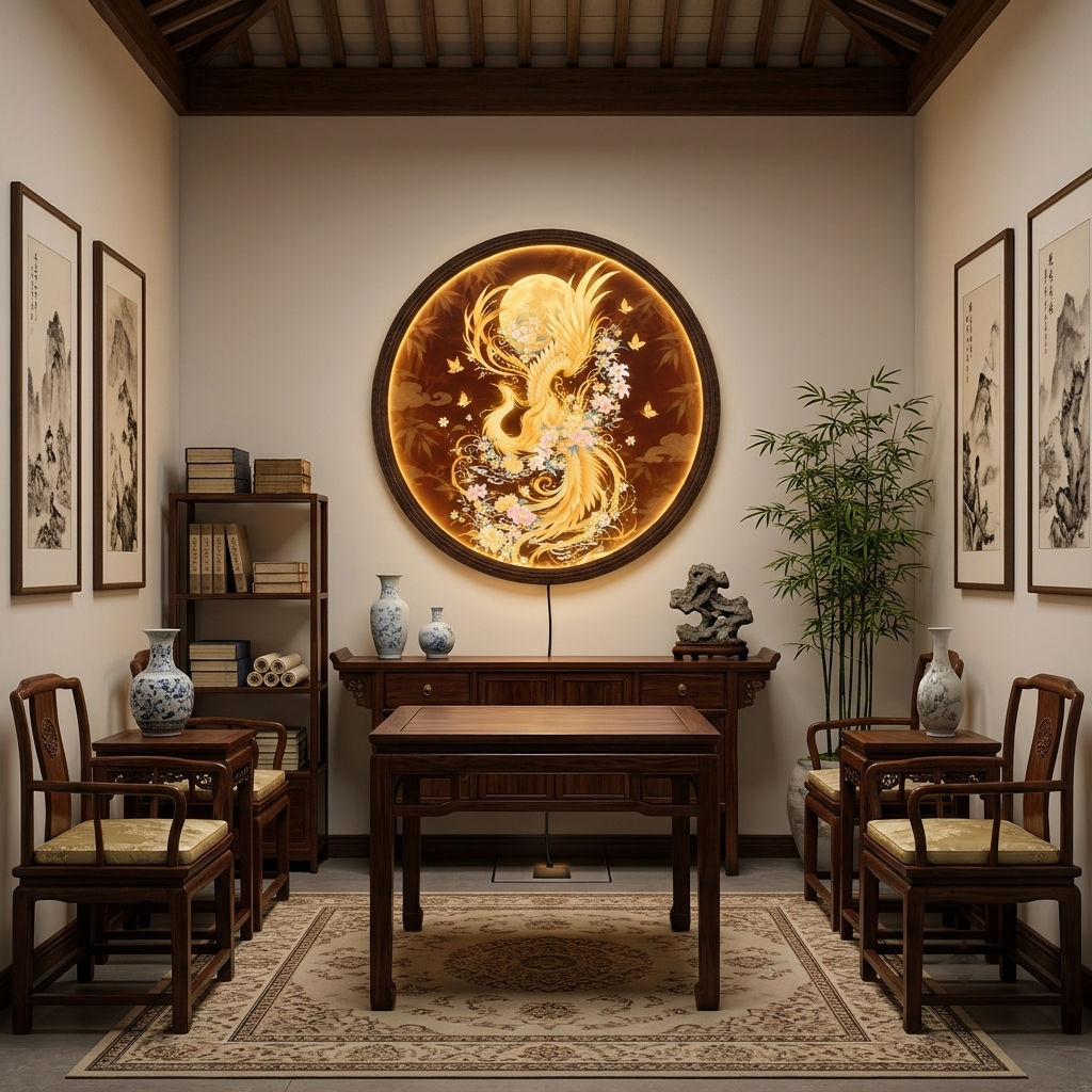 Golden Phoenix Round LED Wall Art, Illuminated Wooden Frame Light for Luxury Home Decor