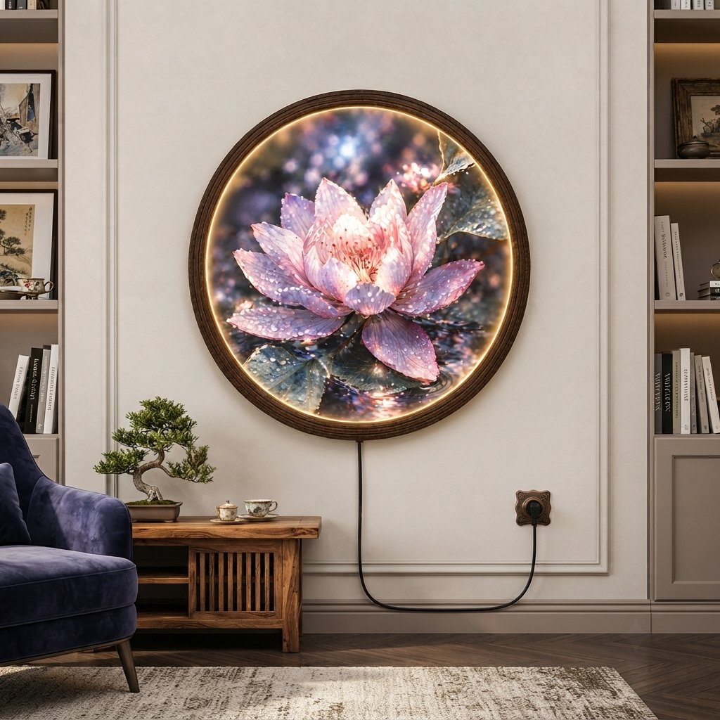 Lotus Flower LED Round Wall Art – Illuminated Floral Wall Decor