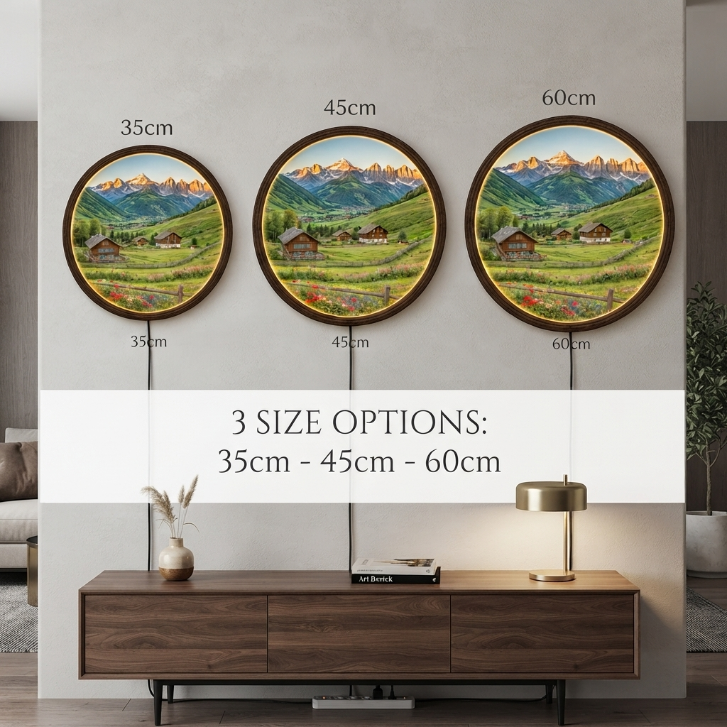 Mountain Village Landscape Round LED Wall Art – Rustic Alpine Home Decor