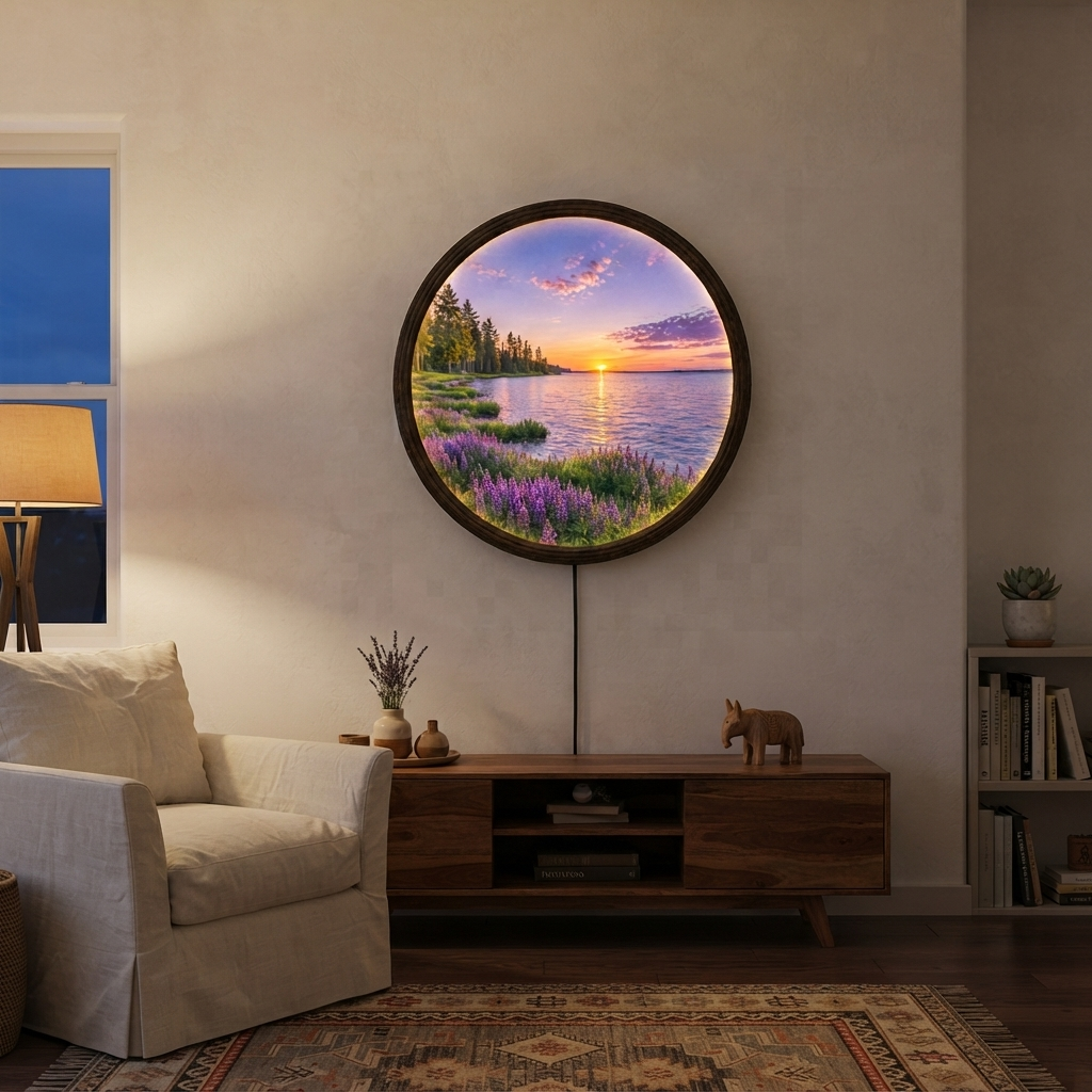 Round LED Lake Sunset Wall Art – Illuminated Nature Wall Decor