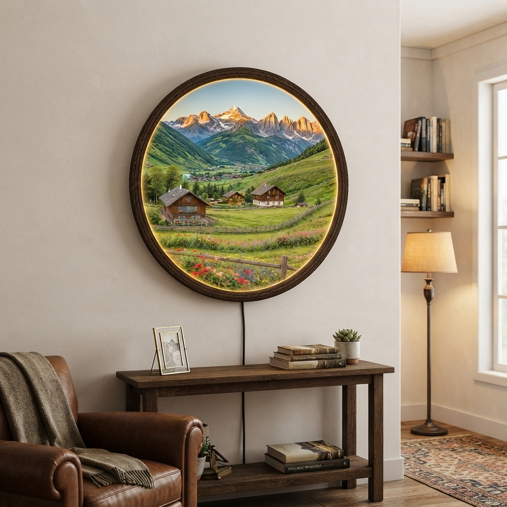 Mountain Village Landscape Round LED Wall Art – Rustic Alpine Home Decor