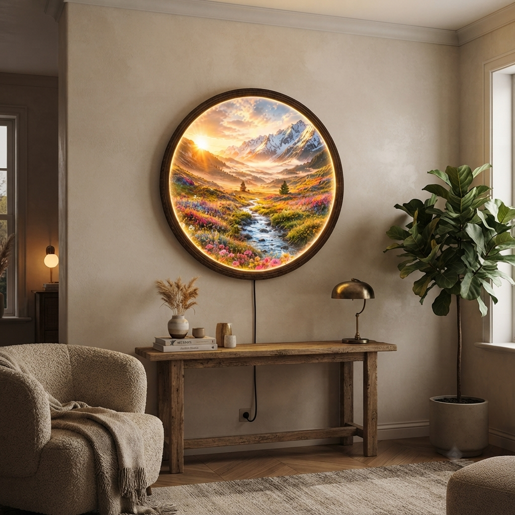 Illuminated Mountain Landscape Round Wall Art – LED Lighted Nature Wall Decor