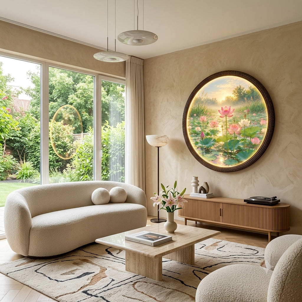 Lotus Pond LED Wall Art – Round Illuminated Wall Decor, Nature-Inspired Home Accent