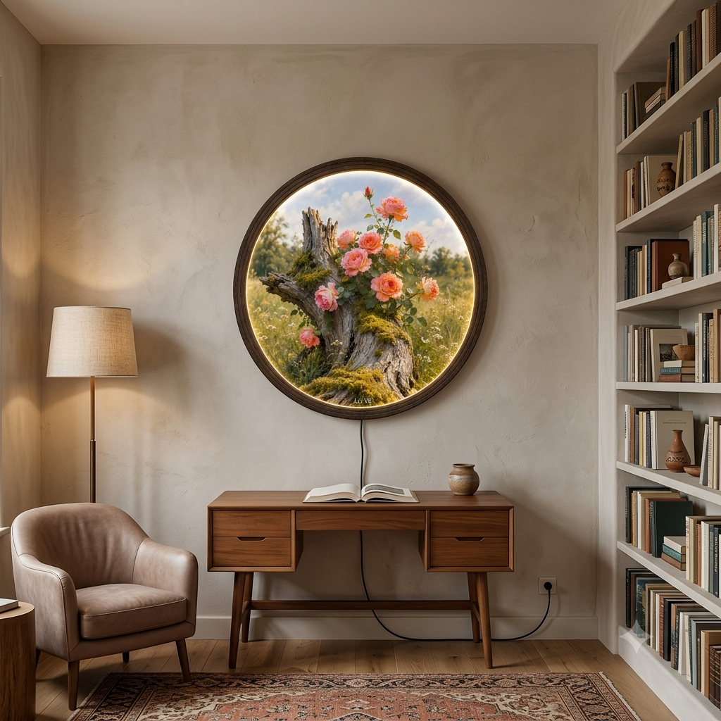 Circular Pink Rose Tree Stump LED Wall Art | Glowing Nature Floral Wooden Frame Wall Decor