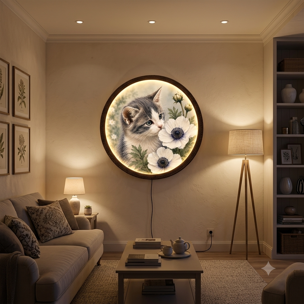 Floral Cat LED Wall Art – Whimsical Kitten & Anemone Lighted Round Wall Decor