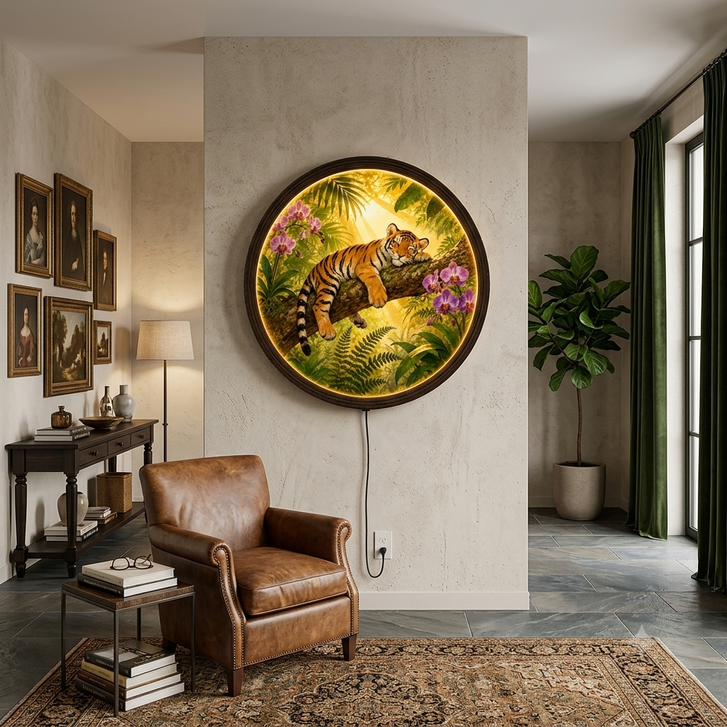 Sleeping Tiger Jungle Round LED Wall Light - Illuminated Tropical Botanical Wall Art for Living Room Decor