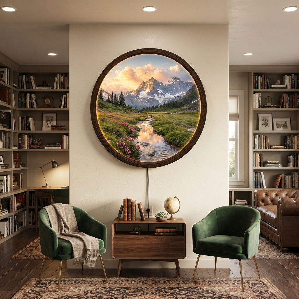 Mountain Landscape LED Wall Art – Round Illuminated Nature Wall Decor