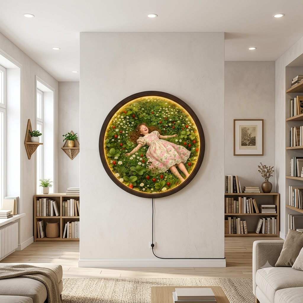 Enchanted Strawberry Garden LED Wall Art – Round Floral Lighted Wall Decor
