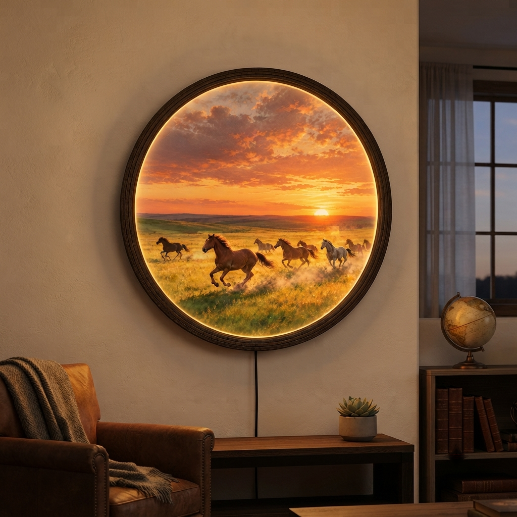 Sunset Running Horses LED Wall Art – Round Illuminated Home Decor