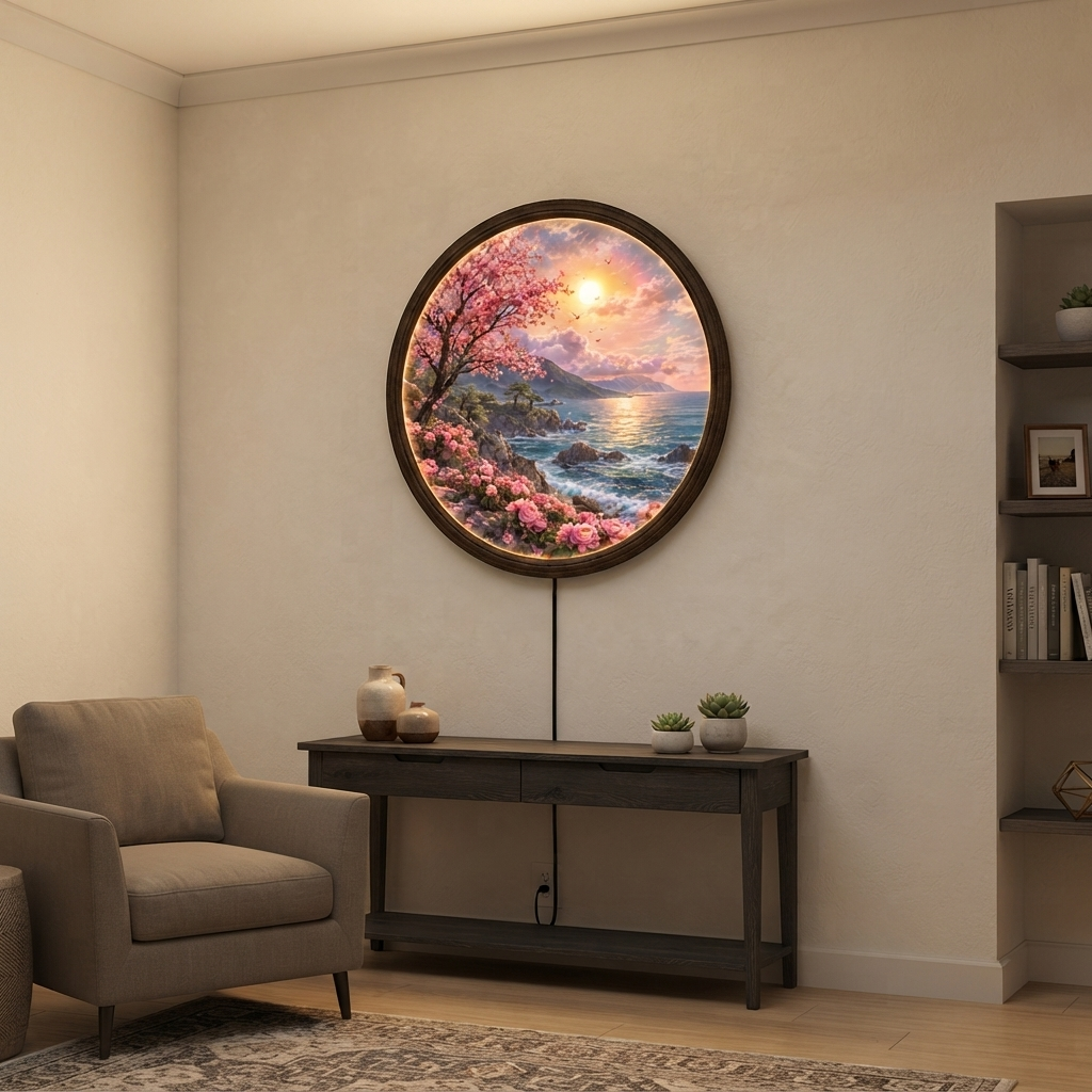Japanese Cherry Blossom LED Wall Art – Round Illuminated Coastal Landscape Decor