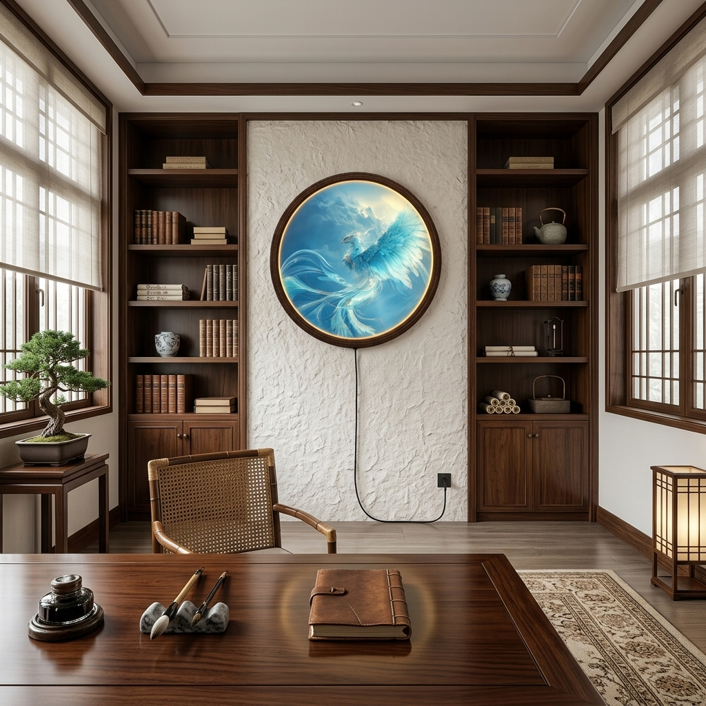 Blue Phoenix LED Wall Light, Round Wooden Frame Wall Lamp, Modern Fantasy Home Decor