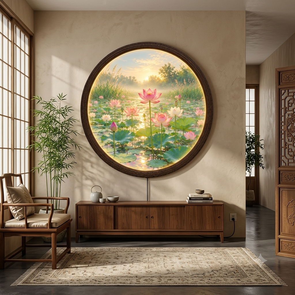 Lotus Pond LED Wall Art – Round Illuminated Wall Decor, Nature-Inspired Home Accent