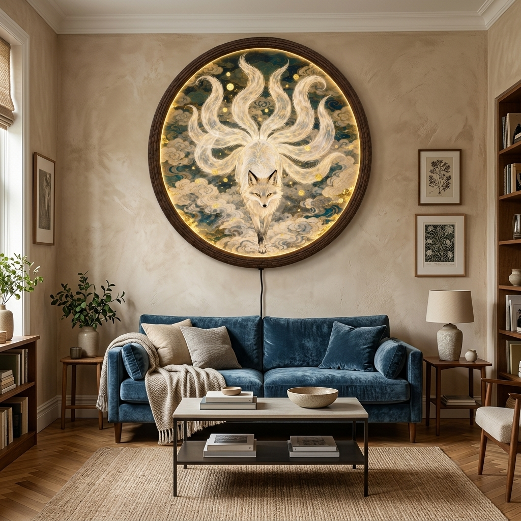 Mythical Nine-Tailed Kitsune Fox LED Illuminated Wall Art - Round Asian Inspired Glowing Wall Decor