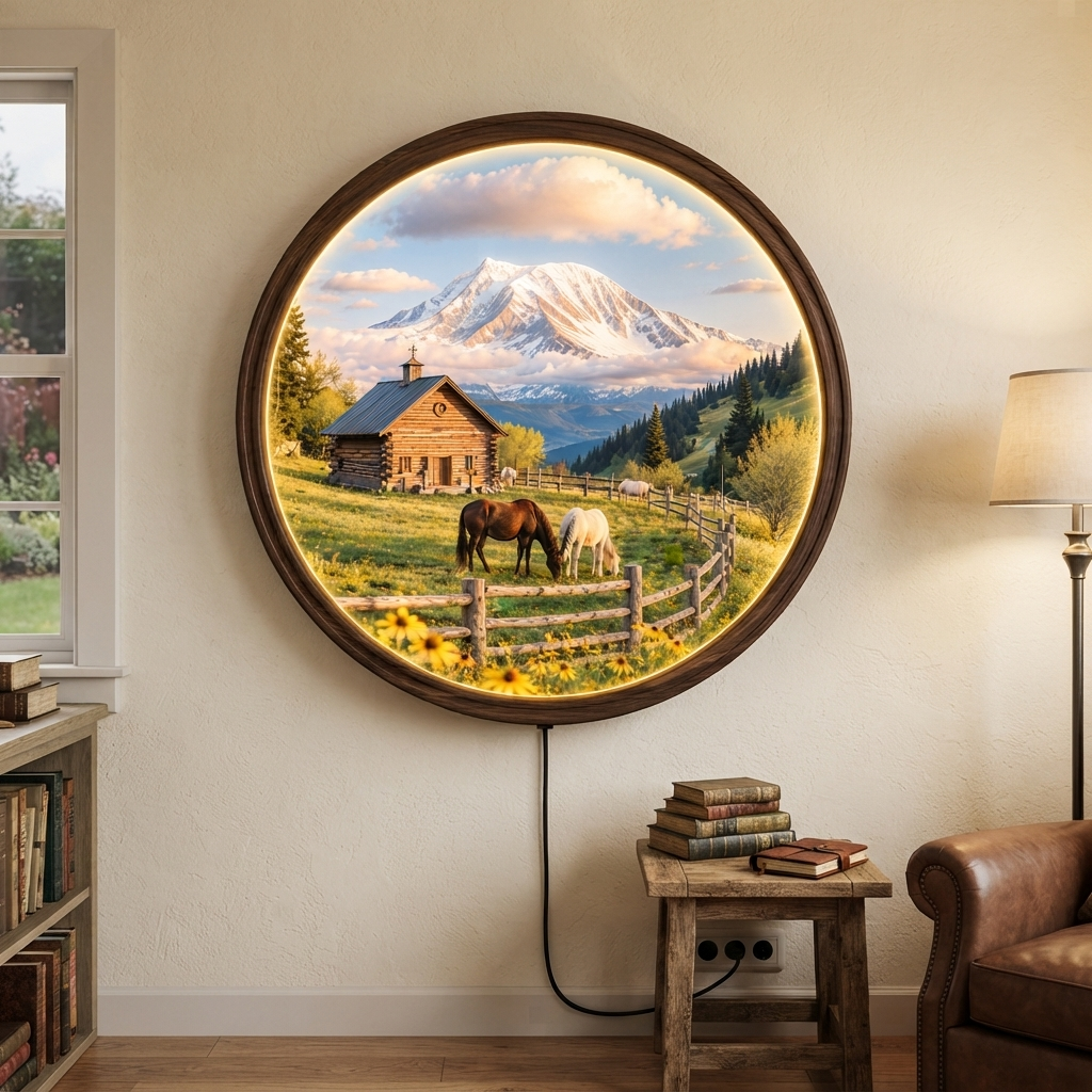 Rustic Mountain Cabin LED Wall Art – Round Illuminated Landscape Home Decor