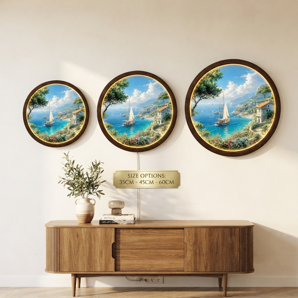Coastal Seaside Sailboat LED Wall Art – Round Illuminated Wooden Wall Decor