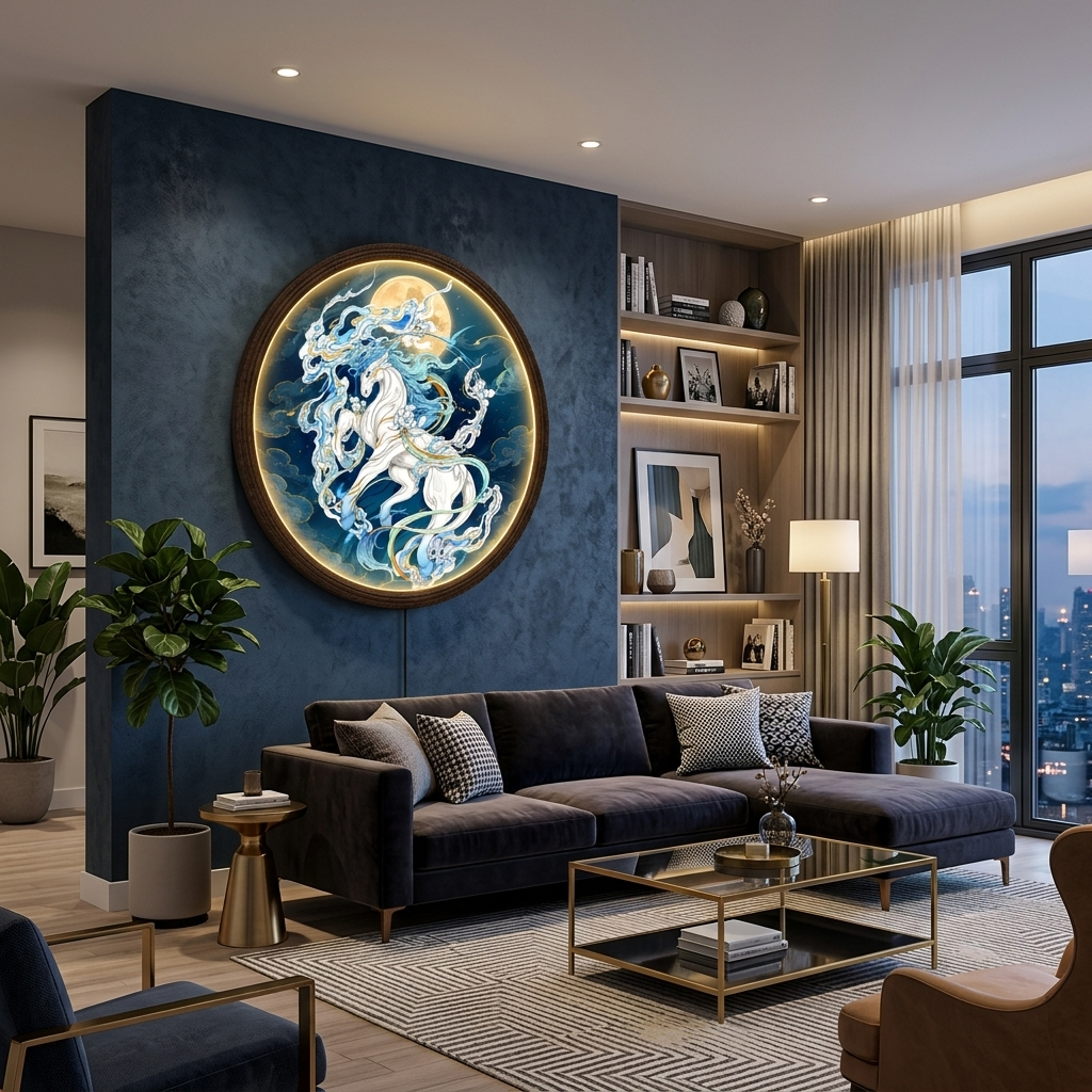 Luminous Celestial Pegasus LED Wall Art – Illuminated Round Cosmic Horse Decor