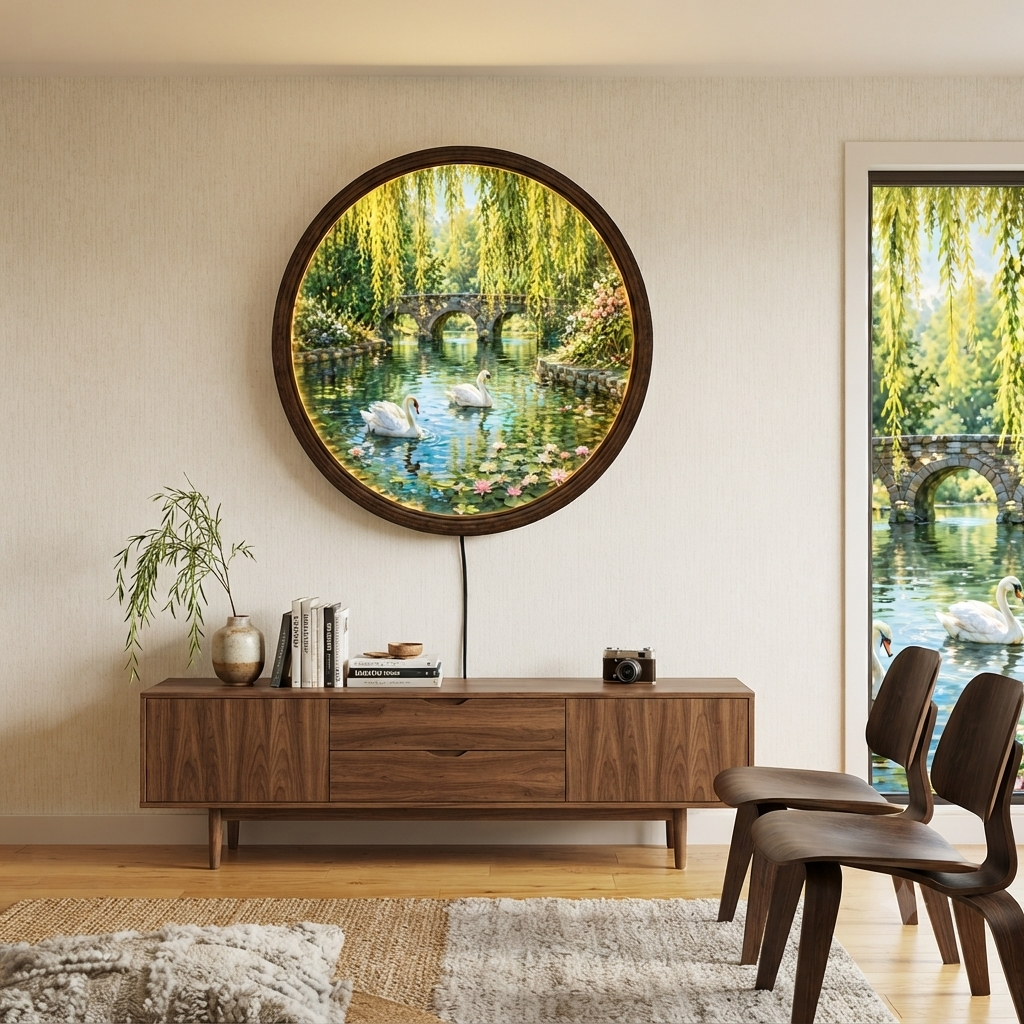 Swan Garden LED Wall Art – Round Illuminated Water Scene Wall Decor