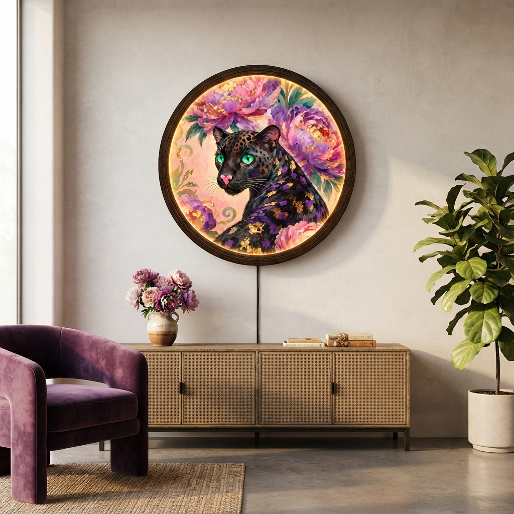 Glowing Golden Leopard LED Wall Art – Round Floral Animal Wall Lamp, Modern Home Decor