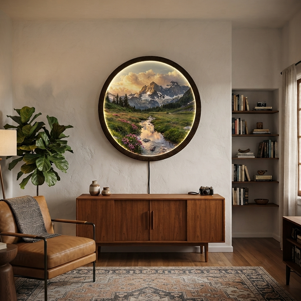 Mountain Landscape LED Wall Art – Round Illuminated Nature Wall Decor