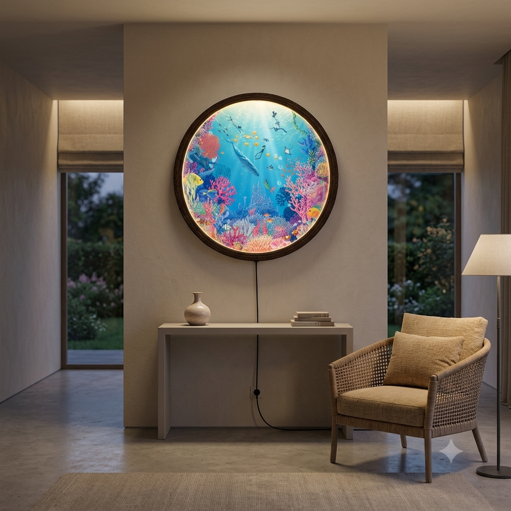 Round Underwater Coral Reef LED Wall Art – Illuminated Ocean Wall Decor