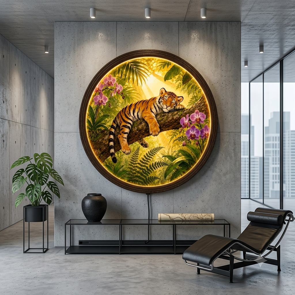 Sleeping Tiger Jungle Round LED Wall Light - Illuminated Tropical Botanical Wall Art for Living Room Decor