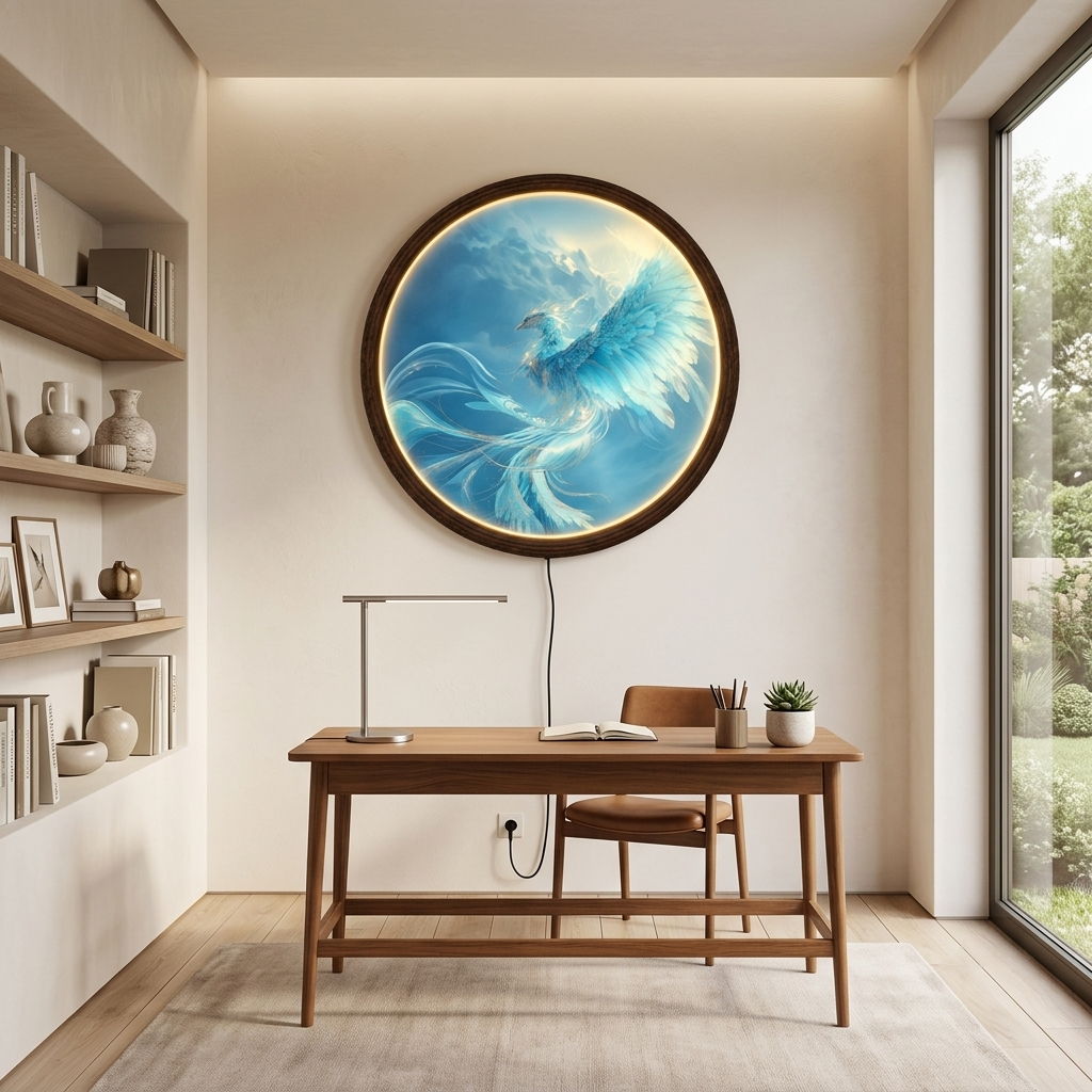 Blue Phoenix LED Wall Light, Round Wooden Frame Wall Lamp, Modern Fantasy Home Decor