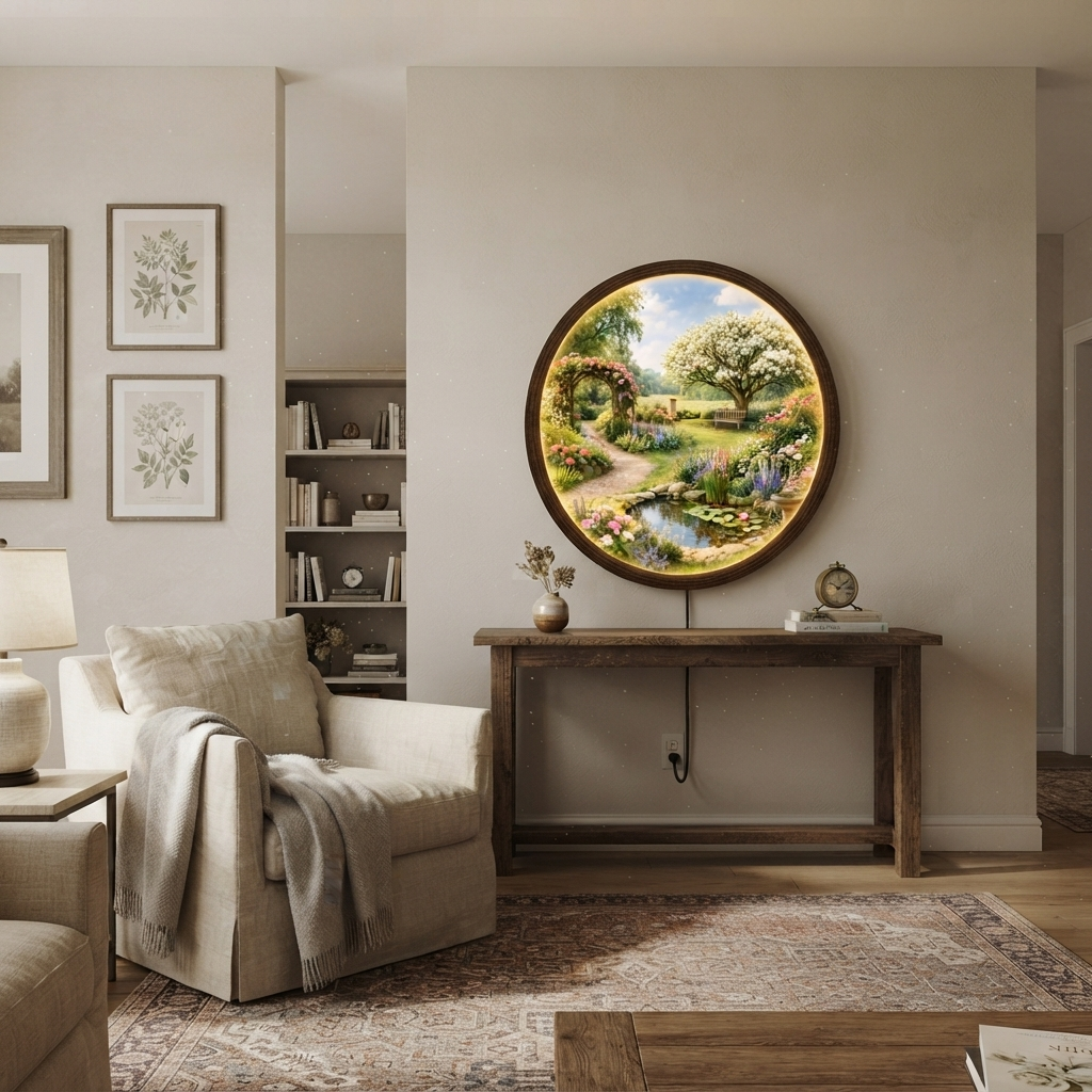 Round Garden LED Wall Art Light – Illuminated Floral Landscape Home Decor