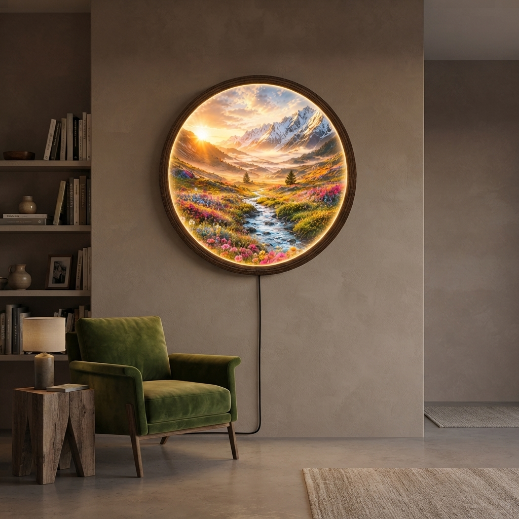 Illuminated Mountain Landscape Round Wall Art – LED Lighted Nature Wall Decor